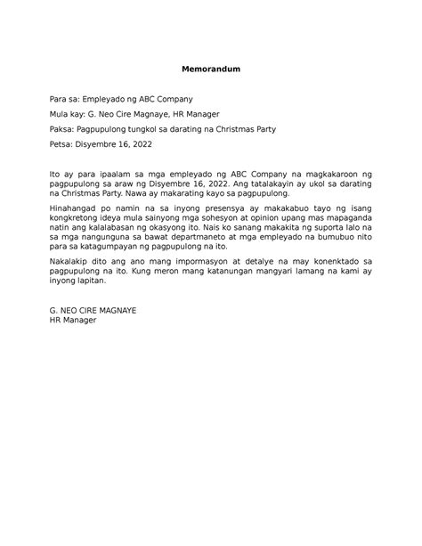 halimbawa ng memo para sa empleyado tagalog|MEMO.